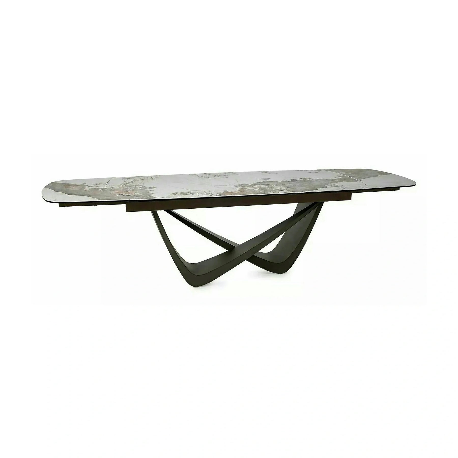 Masă extensibilă MARANELLO, alb/cupru, sticlă securizată/ceramică/metal, 200–290x98x77 cm
