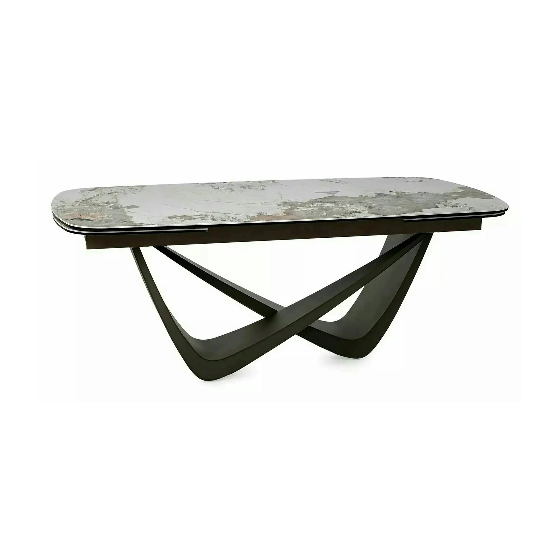 Masă extensibilă MARANELLO, alb/cupru, sticlă securizată/ceramică/metal, 200–290x98x77 cm