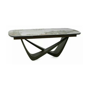 Masă extensibilă MARANELLO, alb/cupru, sticlă securizată/ceramică/metal, 200–290x98x77 cm