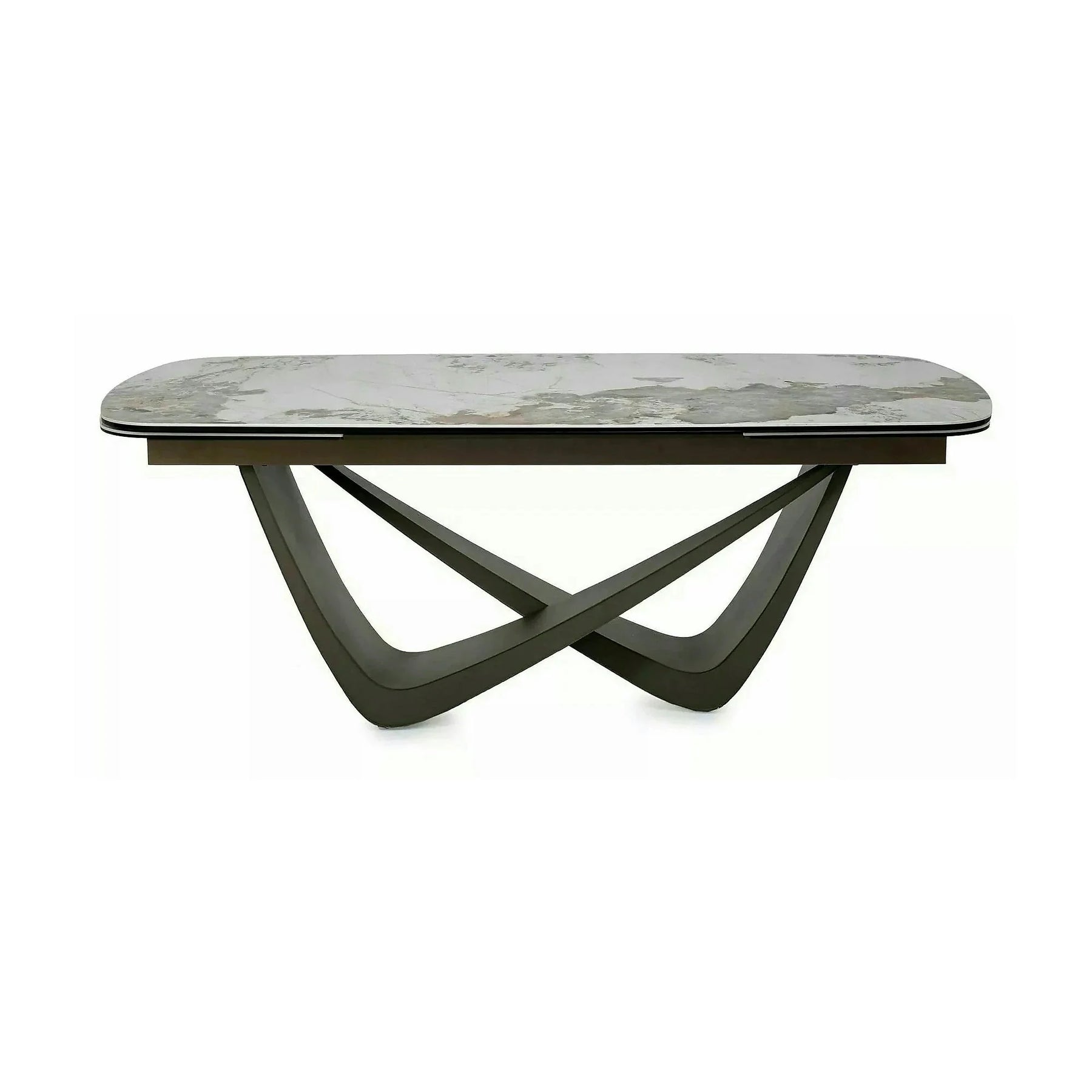 Masă extensibilă MARANELLO, alb/cupru, sticlă securizată/ceramică/metal, 200–290x98x77 cm