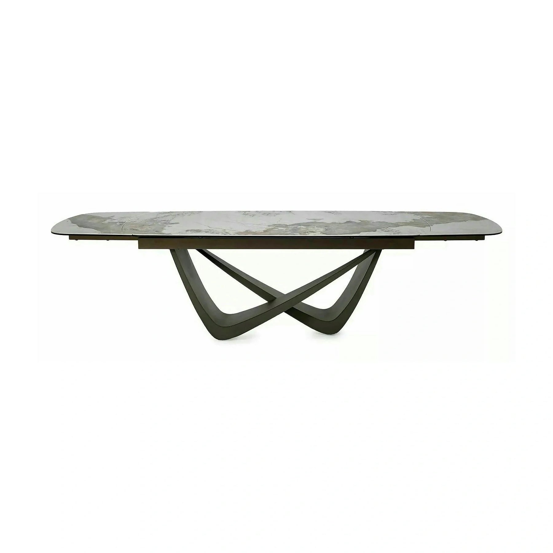 Masă extensibilă MARANELLO, alb/cupru, sticlă securizată/ceramică/metal, 200–290x98x77 cm