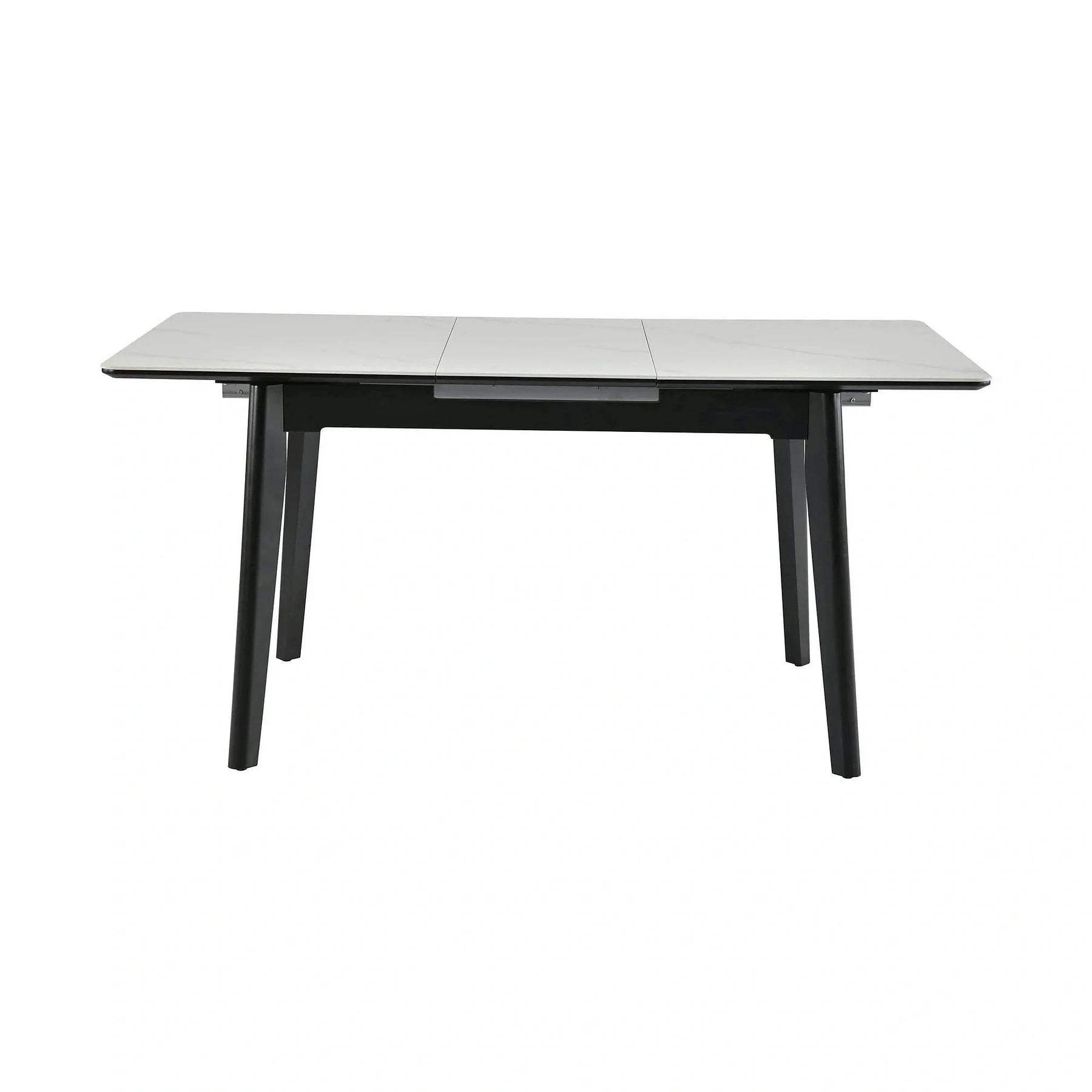 Masa extensibila OSTEN, MDF/lemn de cauciuc, alb mat cu efect de marmura/negru mat, 110-140×80×76 cm