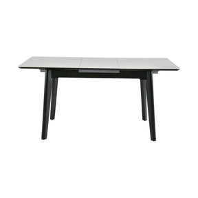 Masa extensibila OSTEN, MDF/lemn de cauciuc, alb mat cu efect de marmura/negru mat, 110-140×80×76 cm