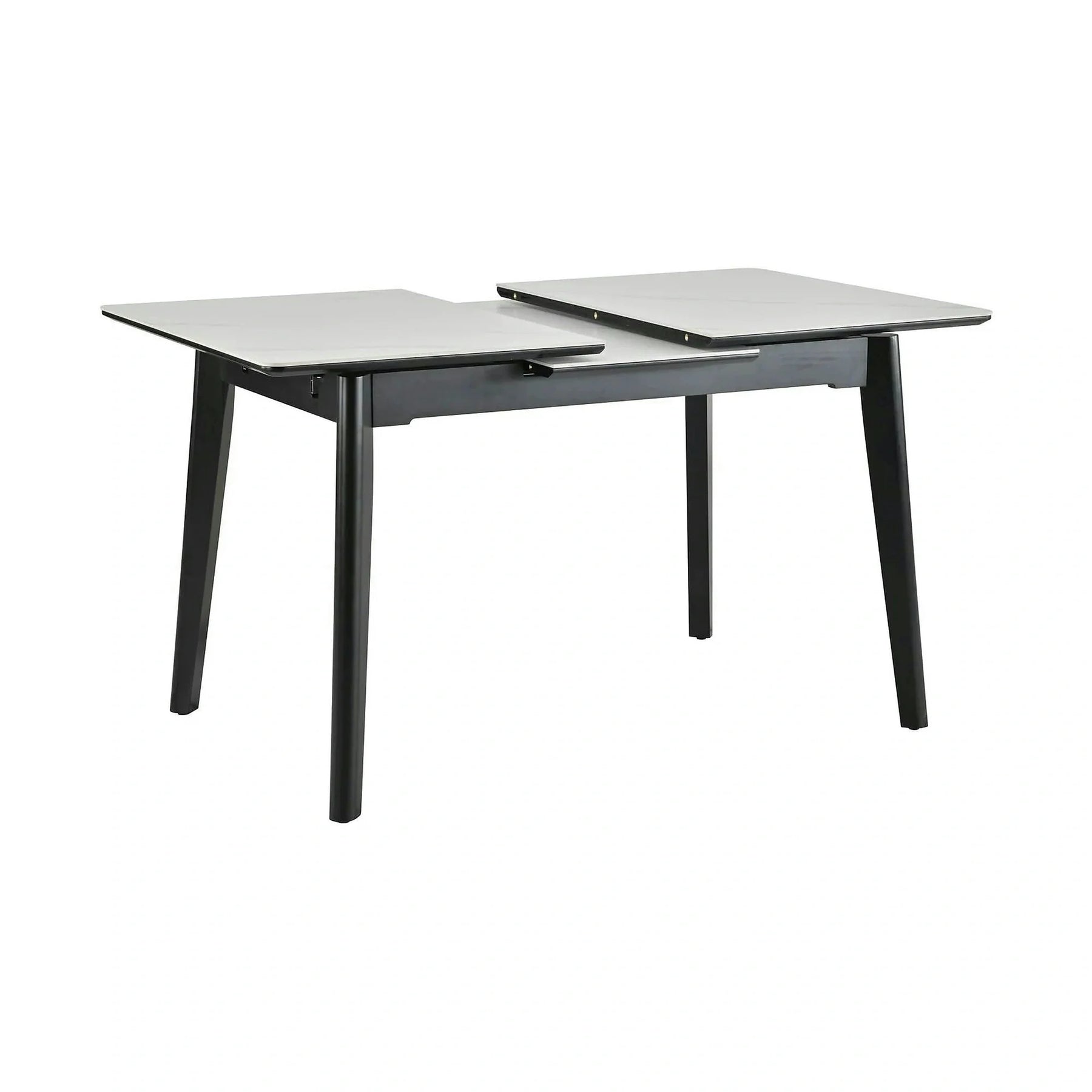 Masa extensibila OSTEN, MDF/lemn de cauciuc, alb mat cu efect de marmura/negru mat, 110-140×80×76 cm