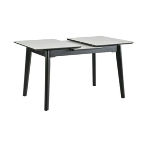Masa extensibila OSTEN, MDF/lemn de cauciuc, alb mat cu efect de marmura/negru mat, 110-140×80×76 cm