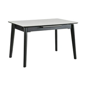 Masa extensibila OSTEN, MDF/lemn de cauciuc, alb mat cu efect de marmura/negru mat, 110-140×80×76 cm