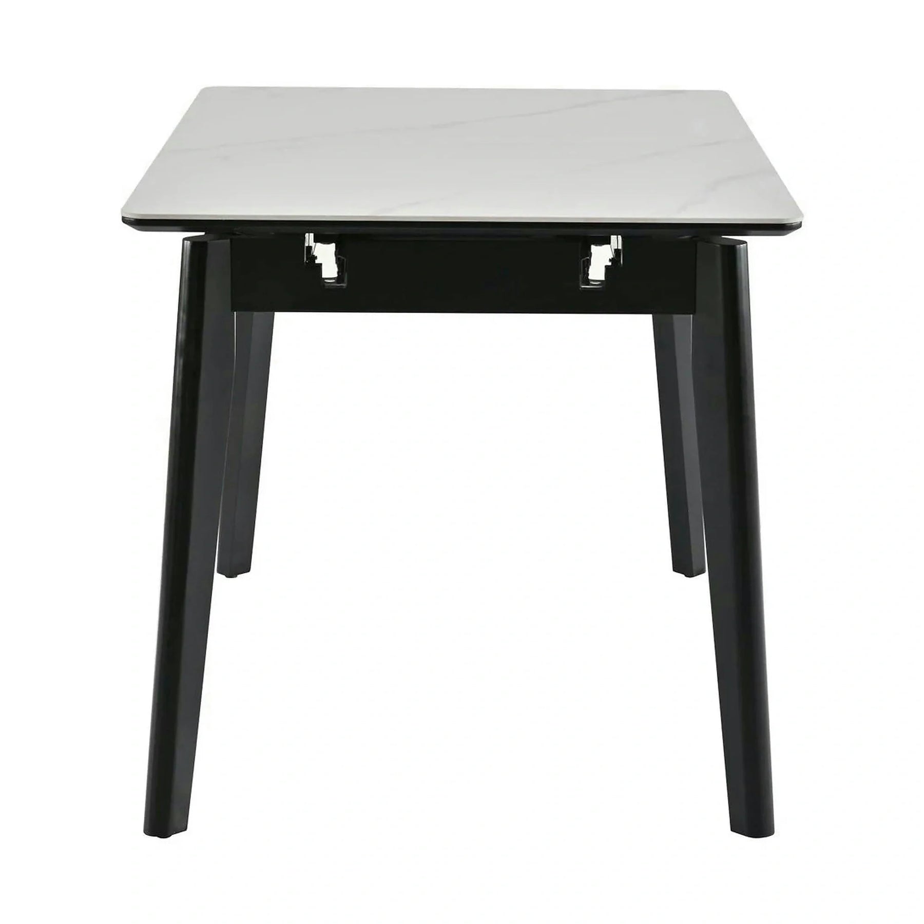 Masa extensibila OSTEN, MDF/lemn de cauciuc, alb mat cu efect de marmura/negru mat, 110-140×80×76 cm