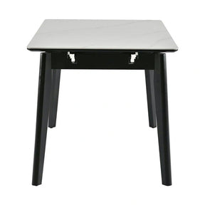 Masa extensibila OSTEN, MDF/lemn de cauciuc, alb mat cu efect de marmura/negru mat, 110-140×80×76 cm