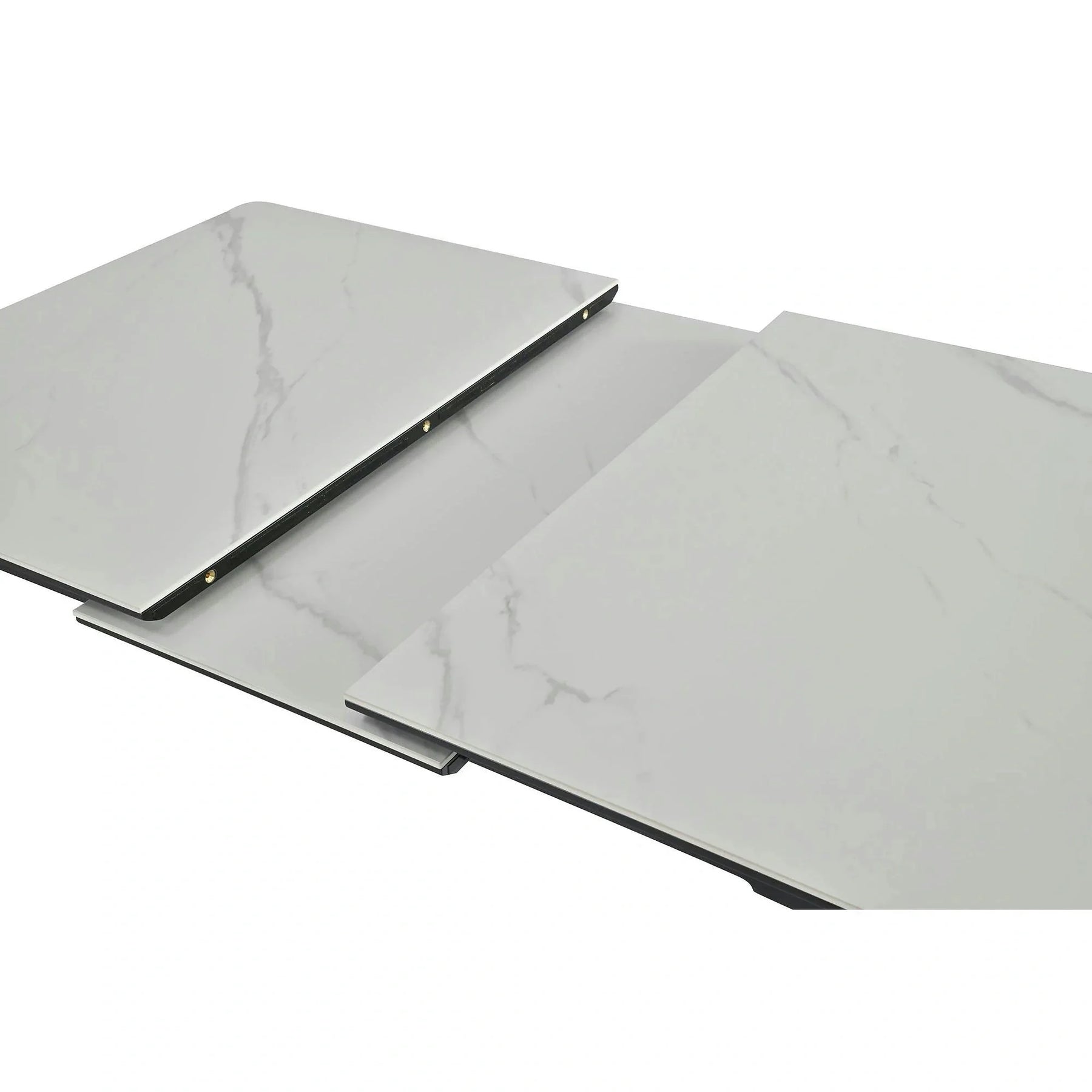 Masa extensibila OSTEN, MDF/lemn de cauciuc, alb mat cu efect de marmura/negru mat, 110-140×80×76 cm
