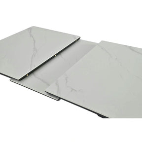 Masa extensibila OSTEN, MDF/lemn de cauciuc, alb mat cu efect de marmura/negru mat, 110-140×80×76 cm