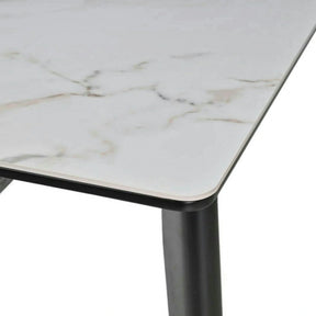Masa extensibila OSTEN, MDF/lemn de cauciuc, alb mat cu efect de marmura auriu/negru mat, 140-180×80×76 cm