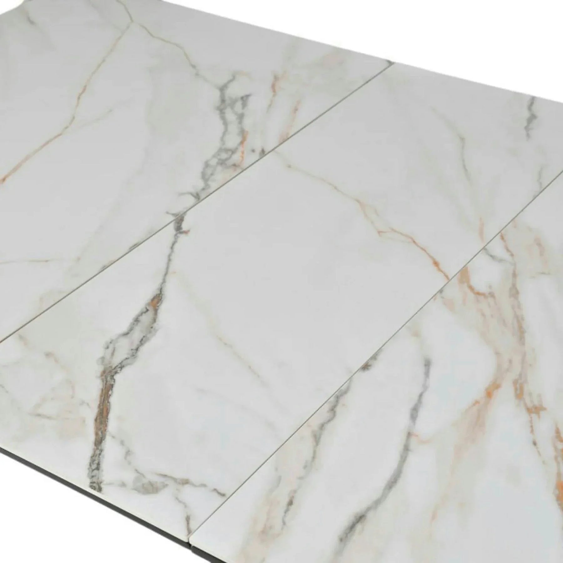 Masa extensibila OSTEN, MDF/lemn de cauciuc, alb mat cu efect de marmura auriu/negru mat, 140-180×80×76 cm
