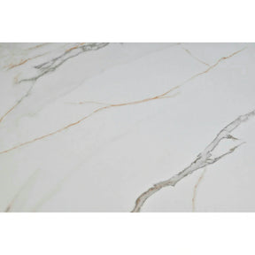Masa extensibila OSTEN, MDF/lemn de cauciuc, alb mat cu efect de marmura auriu/negru mat, 140-180×80×76 cm