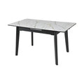 Masa extensibila OSTEN, MDF/lemn de cauciuc, alb mat cu efect de marmura auriu/negru mat, 140-180×80×76 cm