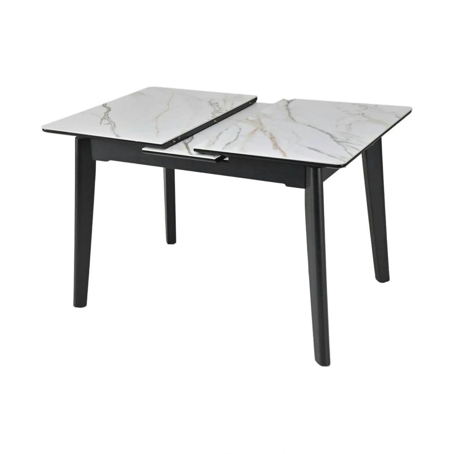 Masa extensibila OSTEN, MDF/lemn de cauciuc, alb mat cu efect de marmura auriu/negru mat, 140-180×80×76 cm