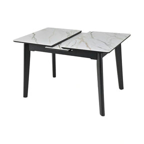Masa extensibila OSTEN, MDF/lemn de cauciuc, alb mat cu efect de marmura auriu/negru mat, 140-180×80×76 cm