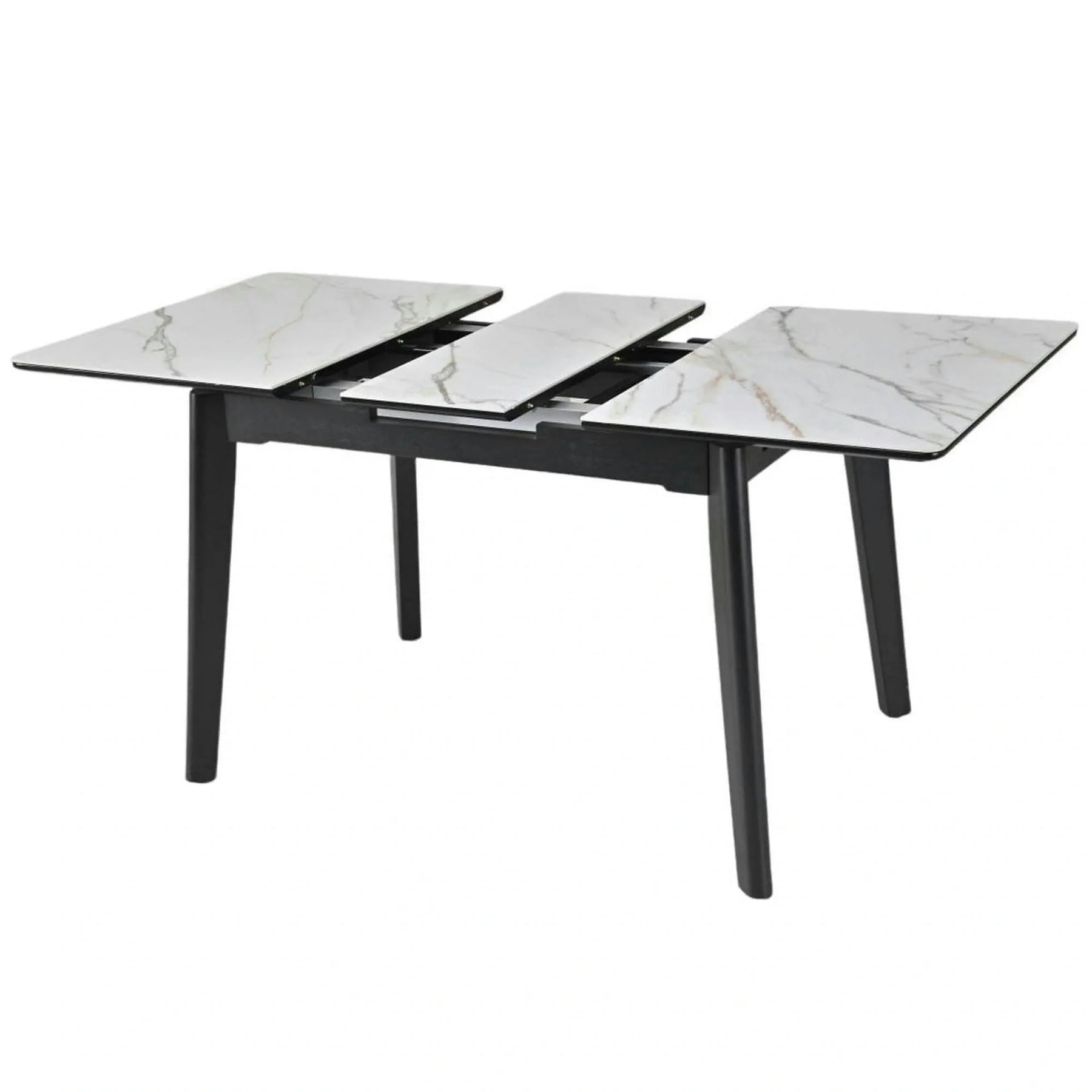 Masa extensibila OSTEN, MDF/lemn de cauciuc, alb mat cu efect de marmura auriu/negru mat, 140-180×80×76 cm