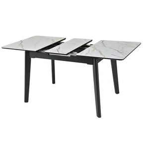 Masa extensibila OSTEN, MDF/lemn de cauciuc, alb mat cu efect de marmura auriu/negru mat, 140-180×80×76 cm