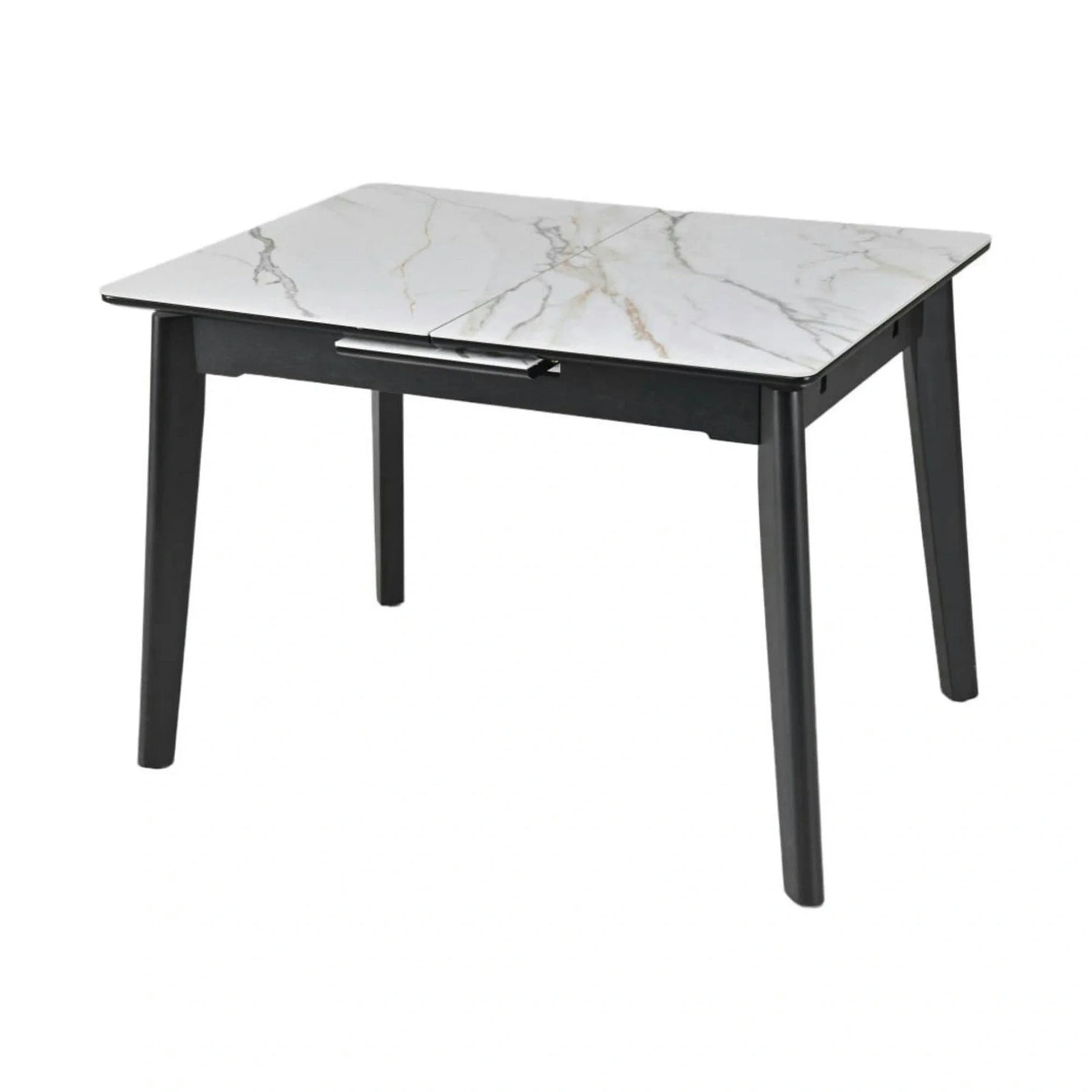 Masa extensibila OSTEN, MDF/lemn de cauciuc, alb mat cu efect de marmura auriu/negru mat, 140-180×80×76 cm