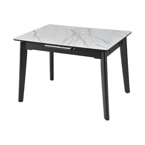 Masa extensibila OSTEN, MDF/lemn de cauciuc, alb mat cu efect de marmura auriu/negru mat, 140-180×80×76 cm