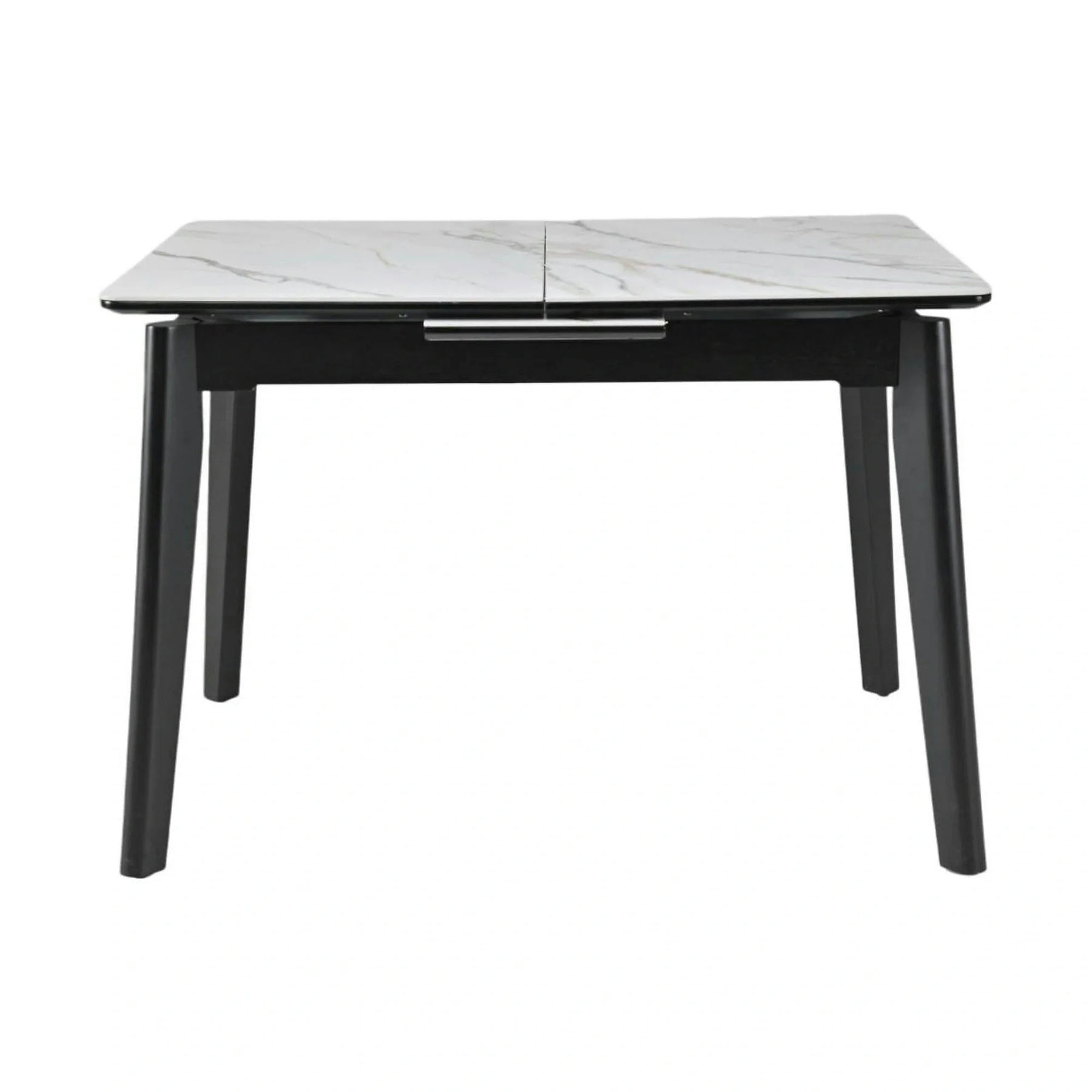 Masa extensibila OSTEN, MDF/lemn de cauciuc, alb mat cu efect de marmura auriu/negru mat, 140-180×80×76 cm