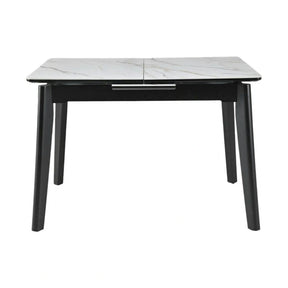 Masa extensibila OSTEN, MDF/lemn de cauciuc, alb mat cu efect de marmura auriu/negru mat, 140-180×80×76 cm