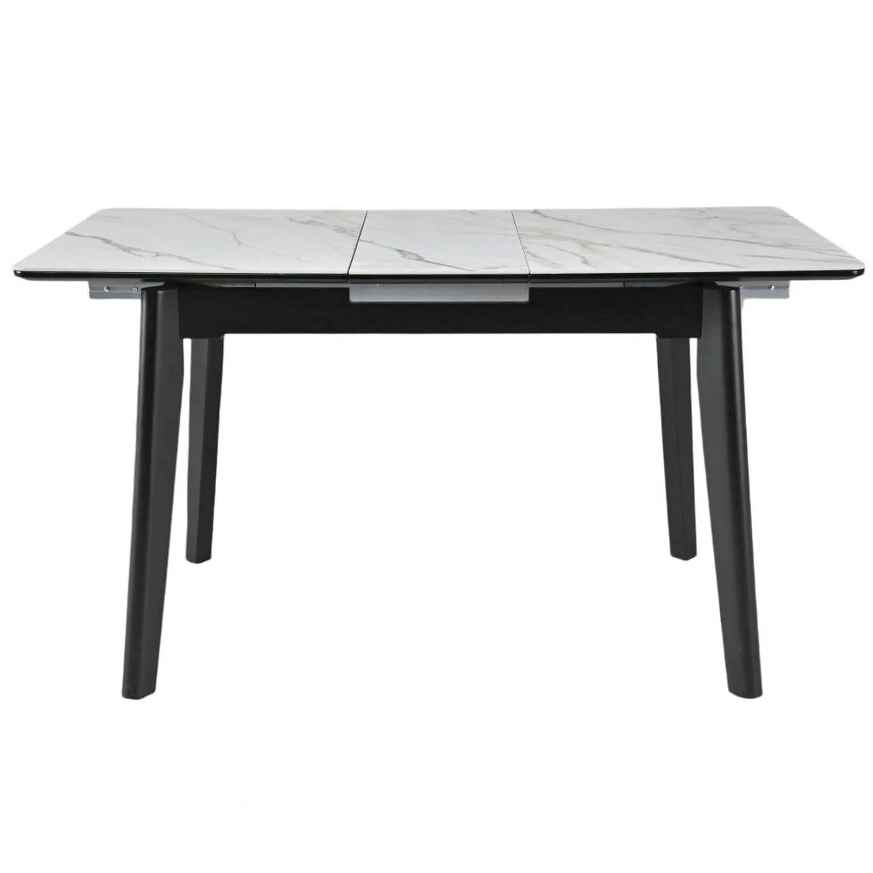 Masa extensibila OSTEN, MDF/lemn de cauciuc, alb mat cu efect de marmura auriu/negru mat, 140-180×80×76 cm