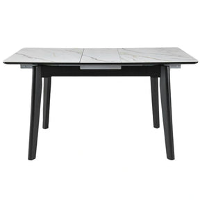 Masa extensibila OSTEN, MDF/lemn de cauciuc, alb mat cu efect de marmura auriu/negru mat, 140-180×80×76 cm