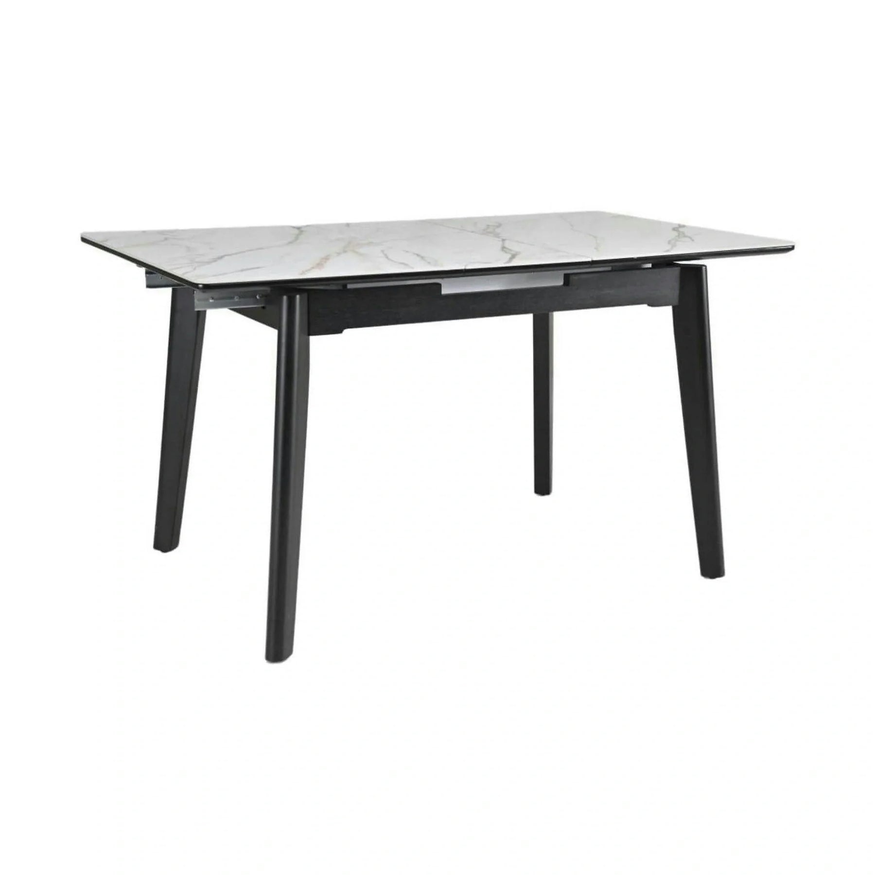 Masa extensibila OSTEN, MDF/lemn de cauciuc, alb mat cu efect de marmura auriu/negru mat, 140-180×80×76 cm