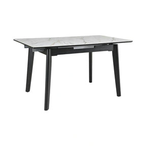Masa extensibila OSTEN, MDF/lemn de cauciuc, alb mat cu efect de marmura auriu/negru mat, 140-180×80×76 cm