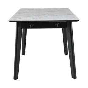 Masa extensibila OSTEN, MDF/lemn de cauciuc, alb mat cu efect de marmura auriu/negru mat, 140-180×80×76 cm