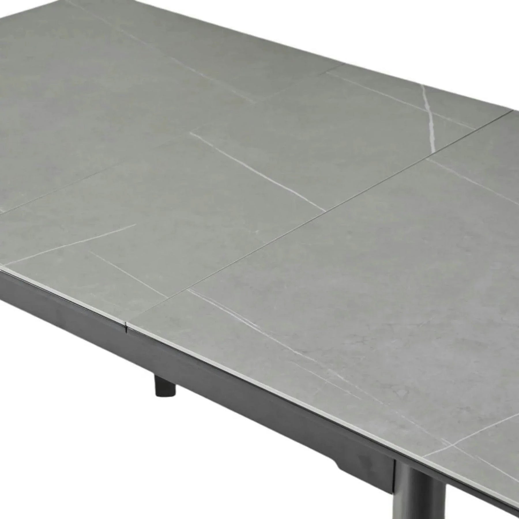 Masa extensibila OSTEN, MDF/lemn de cauciuc, gri mat cu efect de marmura/negru mat, 110-140×80×76 cm