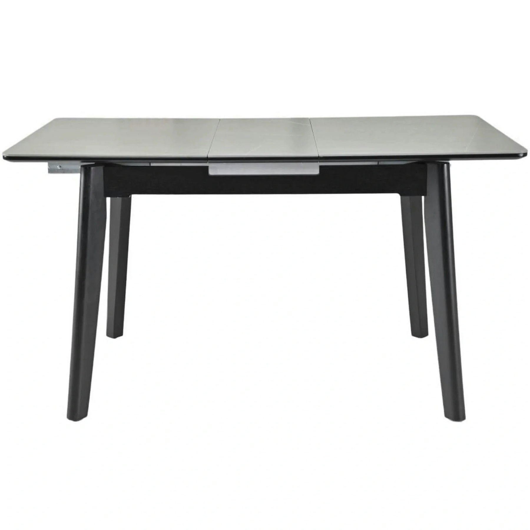 Masa extensibila OSTEN, MDF/lemn de cauciuc, gri mat cu efect de marmura/negru mat, 110-140×80×76 cm