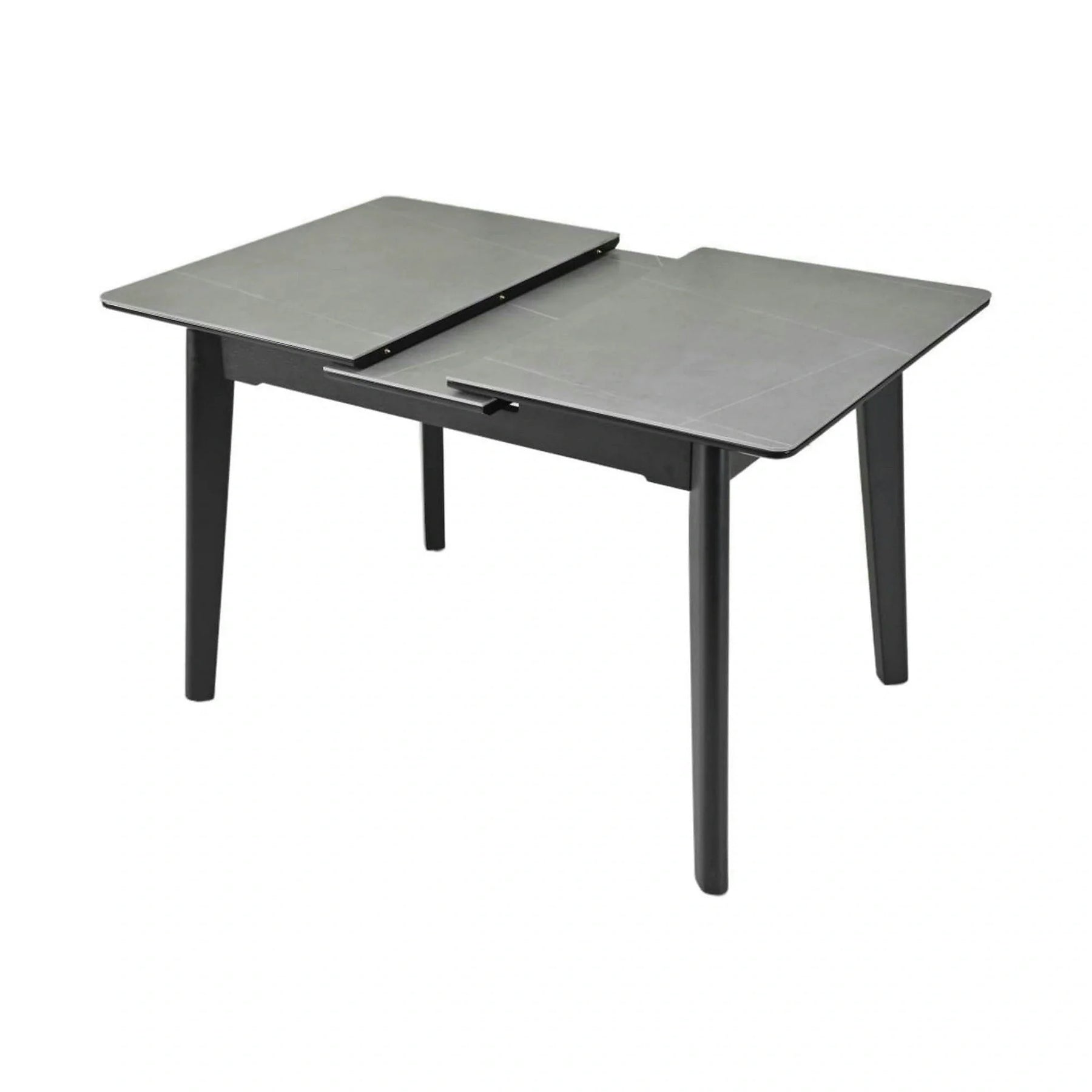 Masa extensibila OSTEN, MDF/lemn de cauciuc, gri mat cu efect de marmura/negru mat, 110-140×80×76 cm