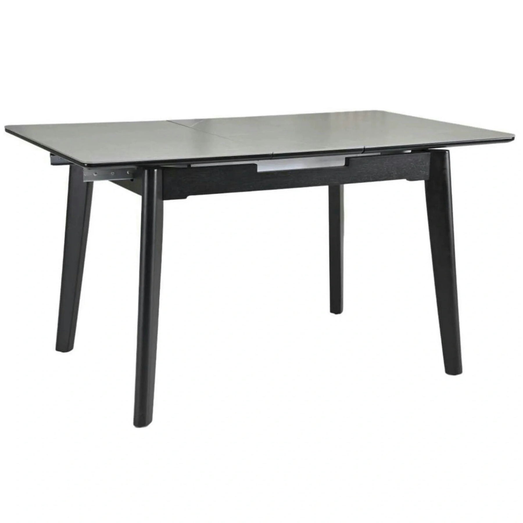 Masa extensibila OSTEN, MDF/lemn de cauciuc, gri mat cu efect de marmura/negru mat, 110-140×80×76 cm