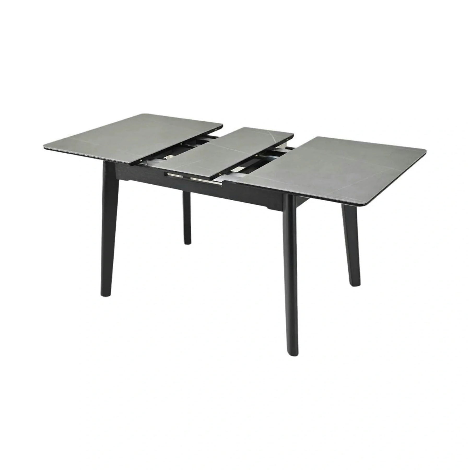 Masa extensibila OSTEN, MDF/lemn de cauciuc, gri mat cu efect de marmura/negru mat, 110-140×80×76 cm