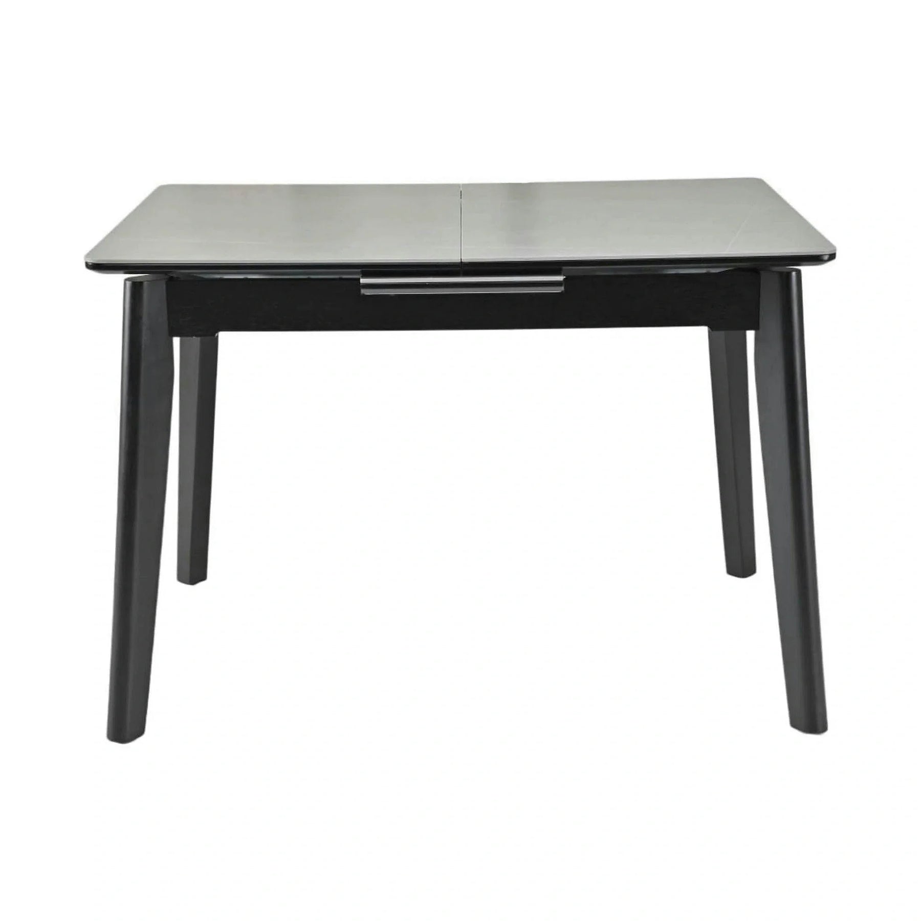 Masa extensibila OSTEN, MDF/lemn de cauciuc, gri mat cu efect de marmura/negru mat, 110-140×80×76 cm