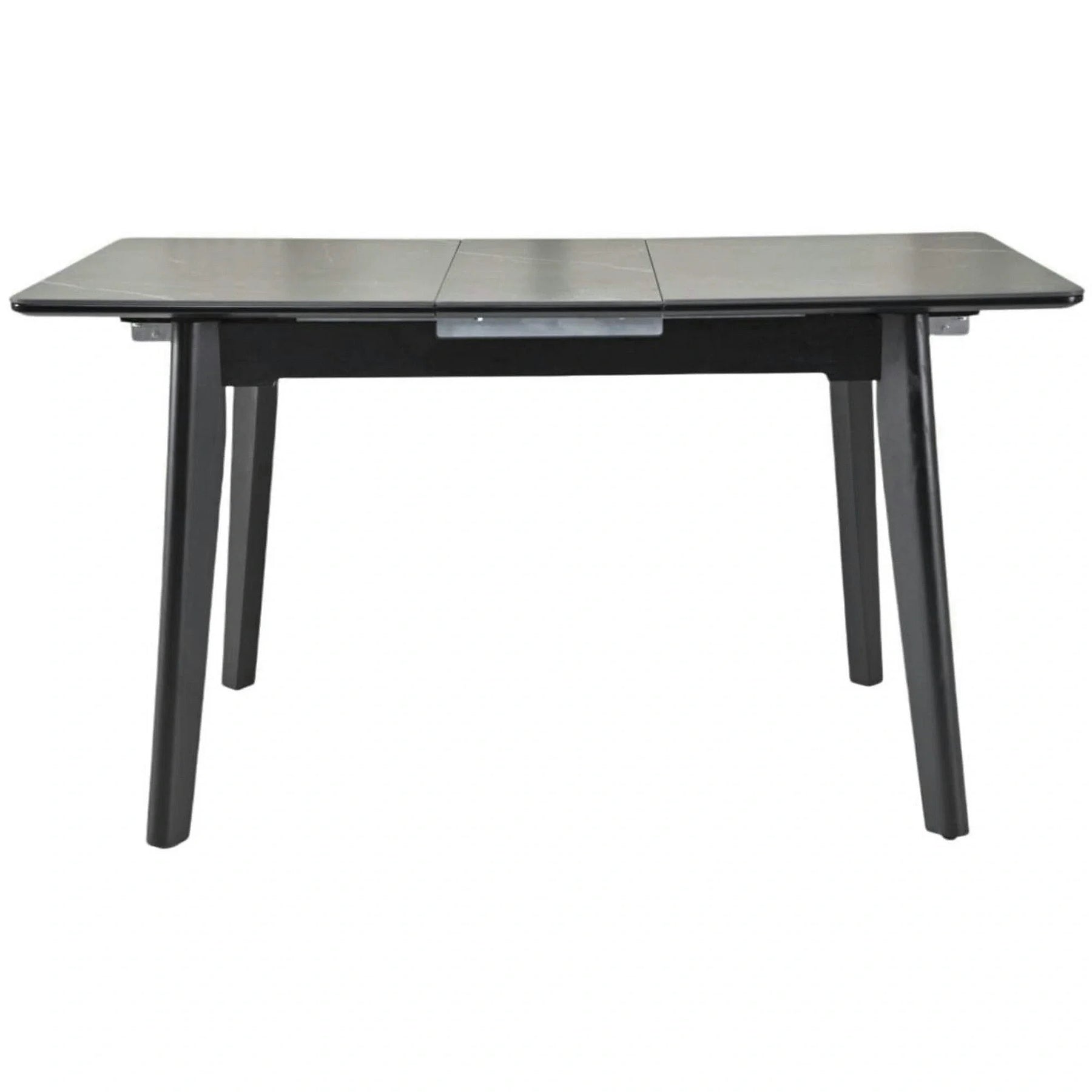 Masa extensibila OSTEN, MDF/lemn de cauciuc, negru mat cu efect de marmura/negru mat, 110-140×80×76 cm
