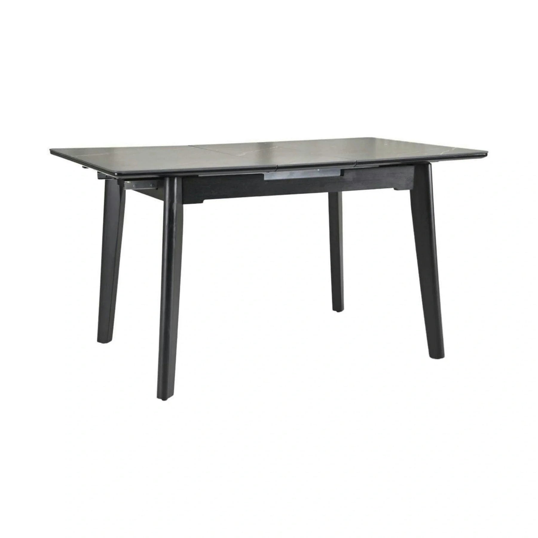 Masa extensibila OSTEN, MDF/lemn de cauciuc, negru mat cu efect de marmura/negru mat, 110-140×80×76 cm