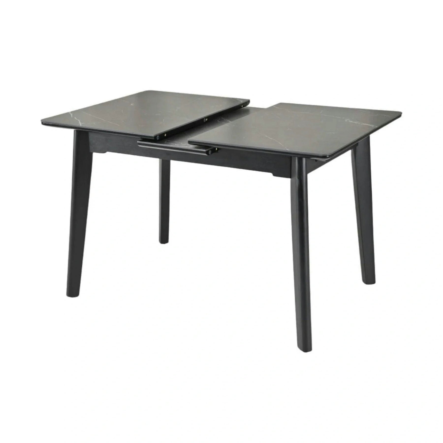 Masa extensibila OSTEN, MDF/lemn de cauciuc, negru mat cu efect de marmura/negru mat, 110-140×80×76 cm