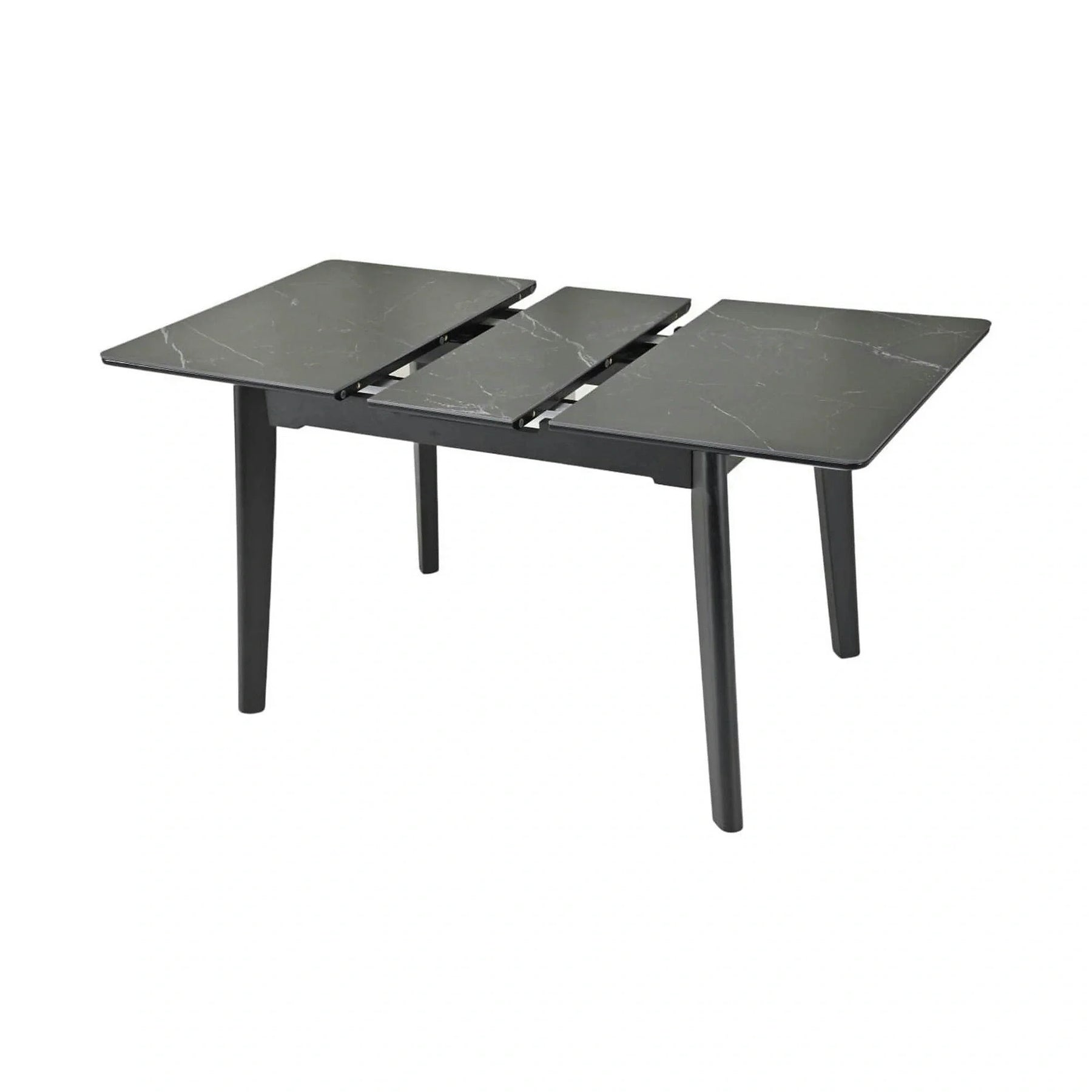 Masa extensibila OSTEN, MDF/lemn de cauciuc, negru mat cu efect de marmura/negru mat, 110-140×80×76 cm