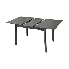 Masa extensibila OSTEN, MDF/lemn de cauciuc, negru mat cu efect de marmura/negru mat, 110-140×80×76 cm