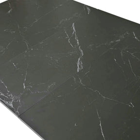 Masa extensibila OSTEN, MDF/lemn de cauciuc, negru mat cu efect de marmura/negru mat, 110-140×80×76 cm