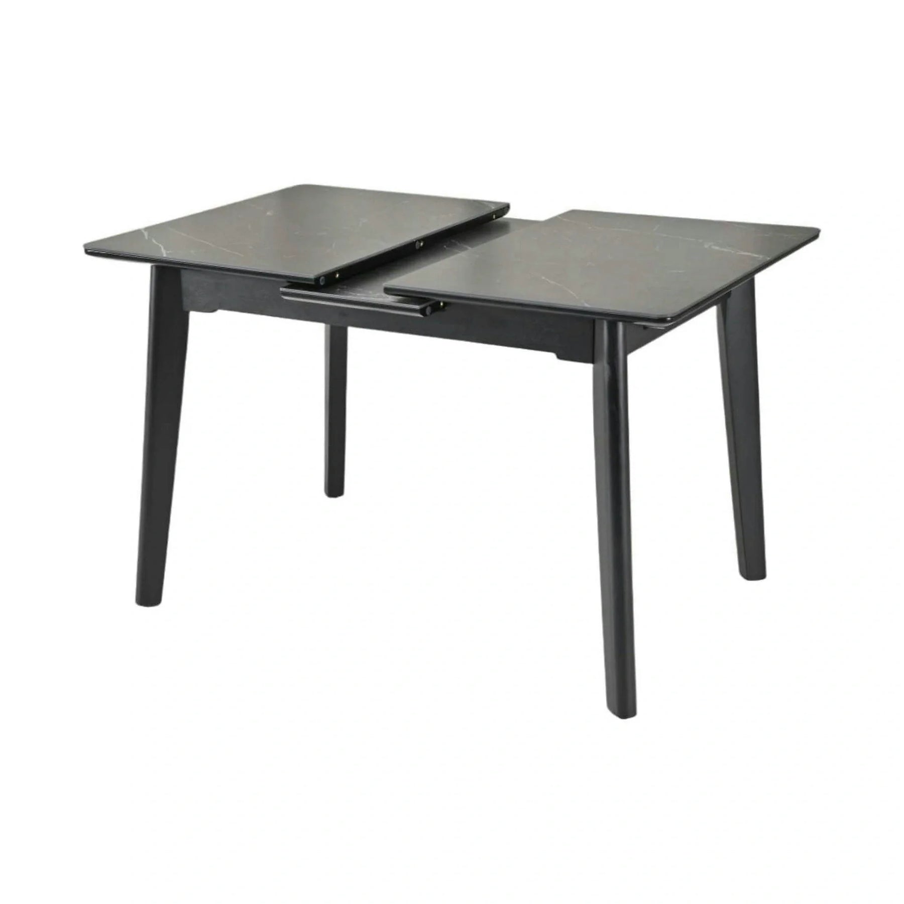 Masa extensibila OSTEN, MDF/lemn de cauciuc, negru mat cu efect de marmura/negru mat, 120-160×80×76 cm