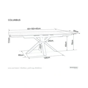 Masa extensibila sticla securizata COLUMBUS, alb cu efect de marmura/negru, sticla/ceramica/metal, 160/240x90x76 cm