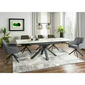Masa extensibila sticla securizata COLUMBUS, alb cu efect de marmura/negru, sticla/ceramica/metal, 160/240x90x76 cm