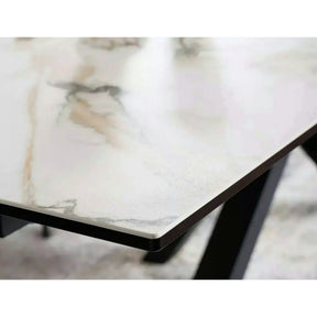 Masa extensibila sticla securizata COLUMBUS, alb cu efect de marmura/negru, sticla/ceramica/metal, 160/240x90x76 cm