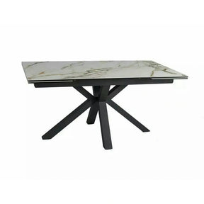 Masa extensibila sticla securizata COLUMBUS, alb cu efect de marmura/negru, sticla/ceramica/metal, 160/240x90x76 cm