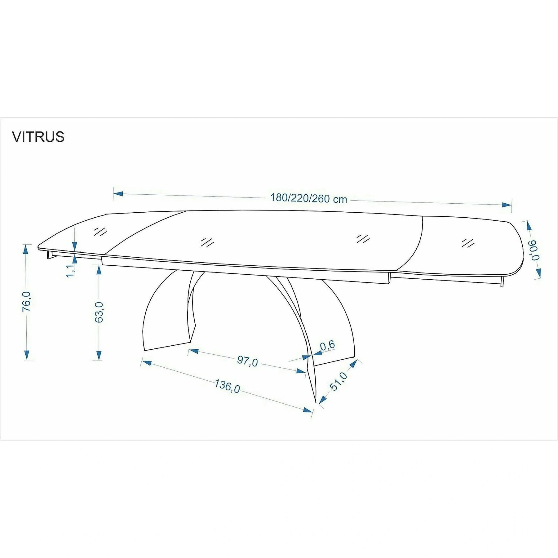 Masa extensibila VITRUS, travertin/negru, piatra sinterizata/metal, 180/260x90x76 cm