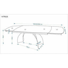 Masa extensibila VITRUS, travertin/negru, piatra sinterizata/metal, 180/260x90x76 cm